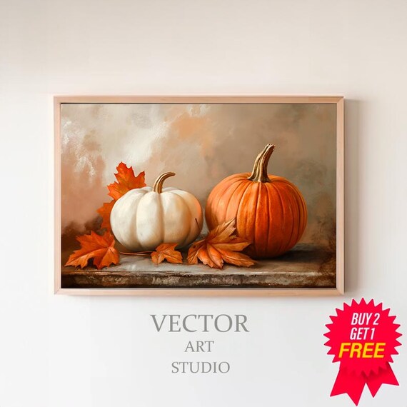 White And Orange Pumpkins With Maple Leaves On A Beige Poster