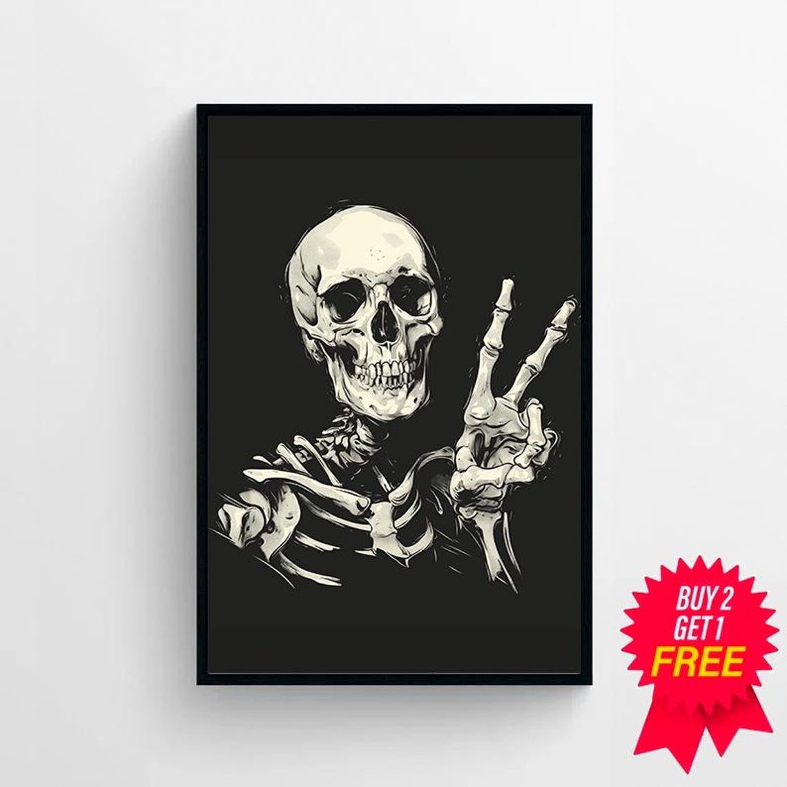 Stylized Skull Flashing a Peace Sign in Bold Ink Illustration Poster - Image 4