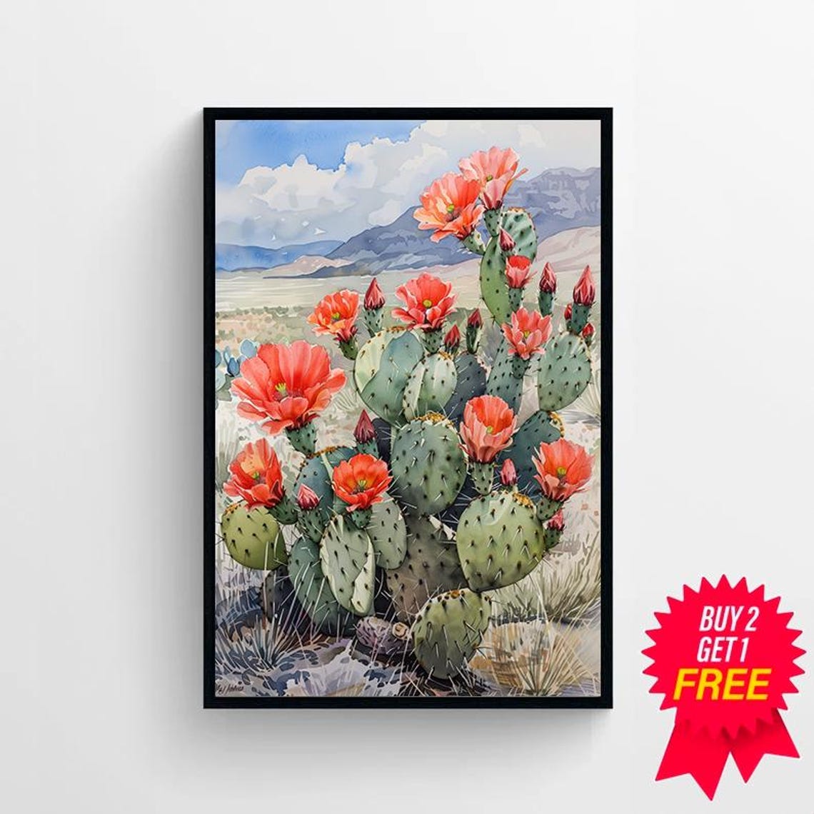Red Blooming Prickly Pear Cactus with Mountain Vista Watercolor Poster - Image 4