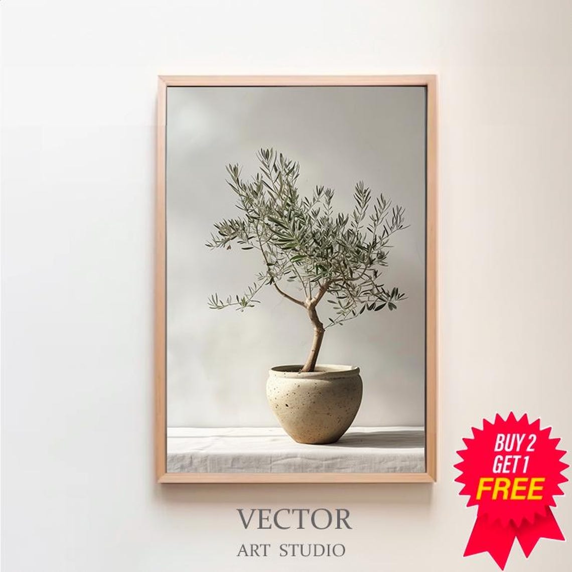 Olive Tree in a Speckled Ceramic Vessel Muted Botanical Art Poster