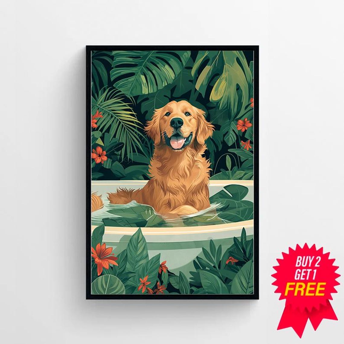 Happy Golden Retriever Bathing in Tub Tropical Leaves Poster - Image 4