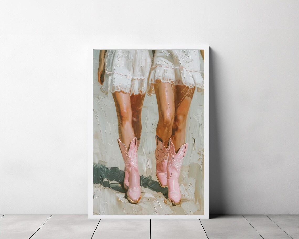 Pink Cowboy Boots Walking in Flowing White Dresses Painting Poster - Image 3