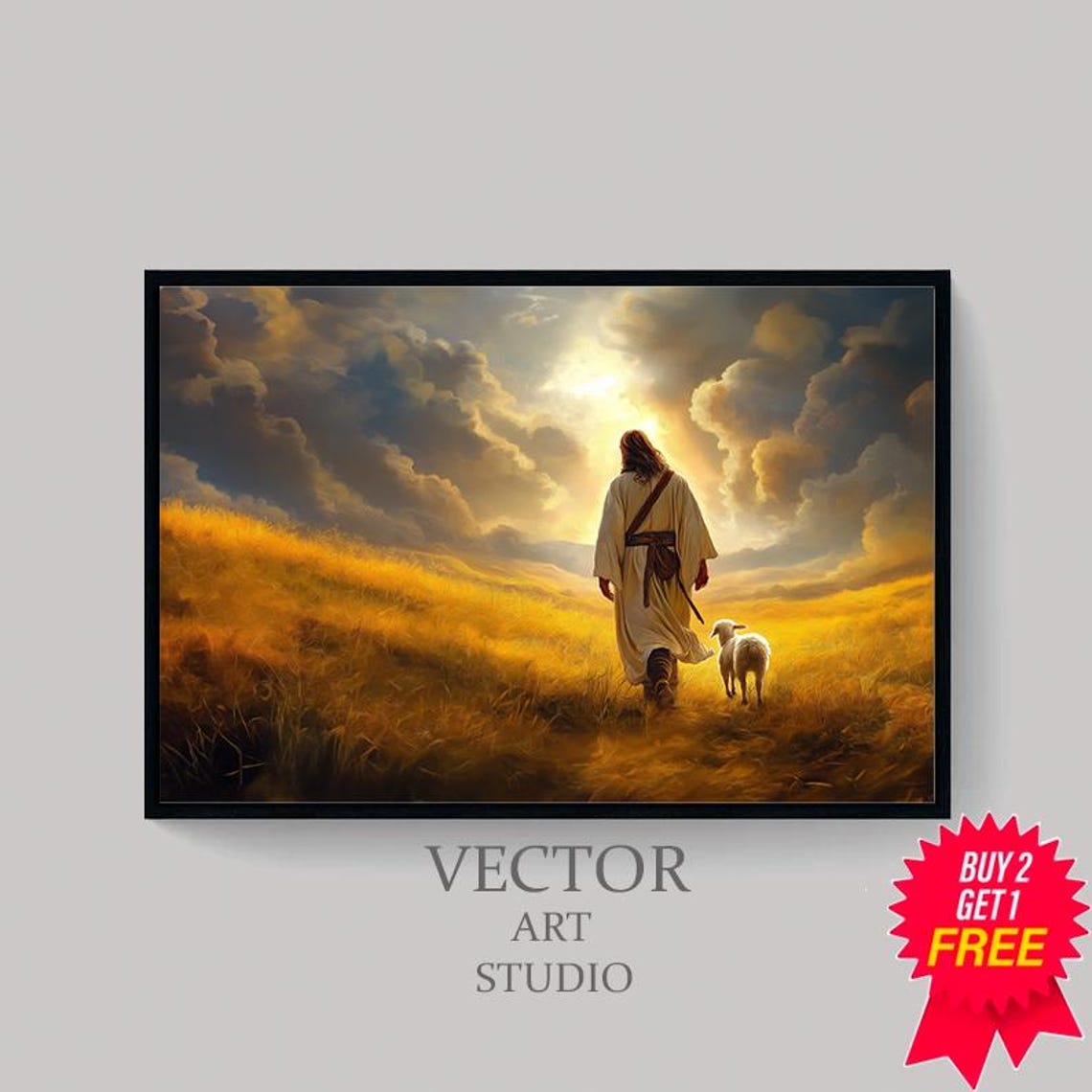 Jesus the Shepherd Walking with a Lamb in Golden Field Poster - Image 4