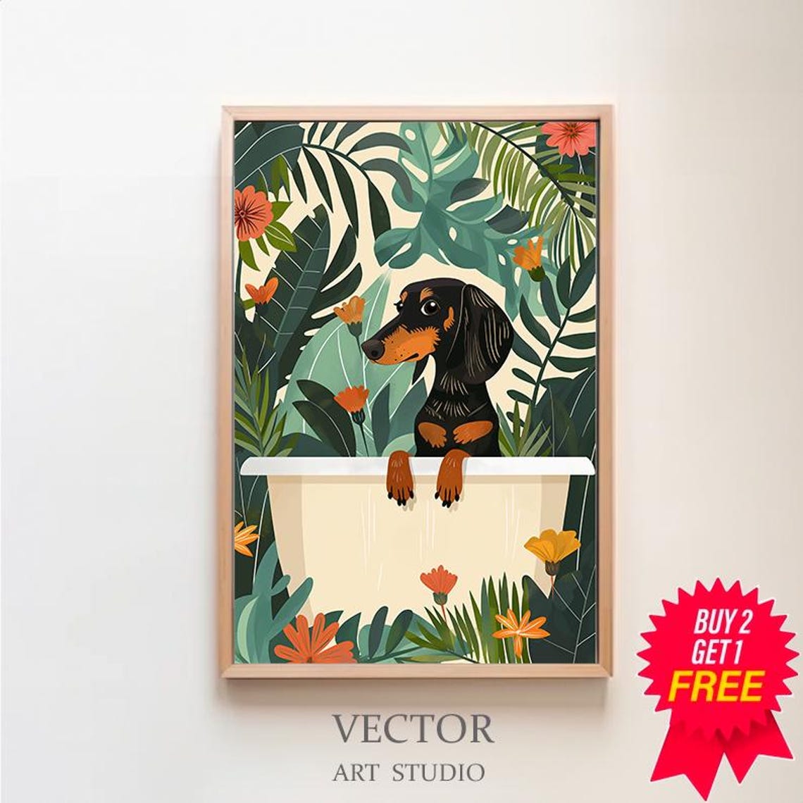 Dachshund Standing Alert in White Bathtub Monstera Leaves Poster