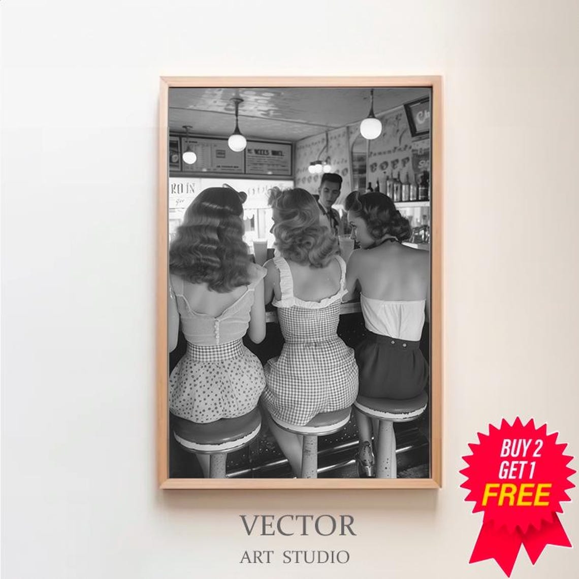 Women Drinking At Bar Wall Art Black And White Print Three Friends Vintage Poster Retro Wall Decor Alcohol Art Bar Cart Print