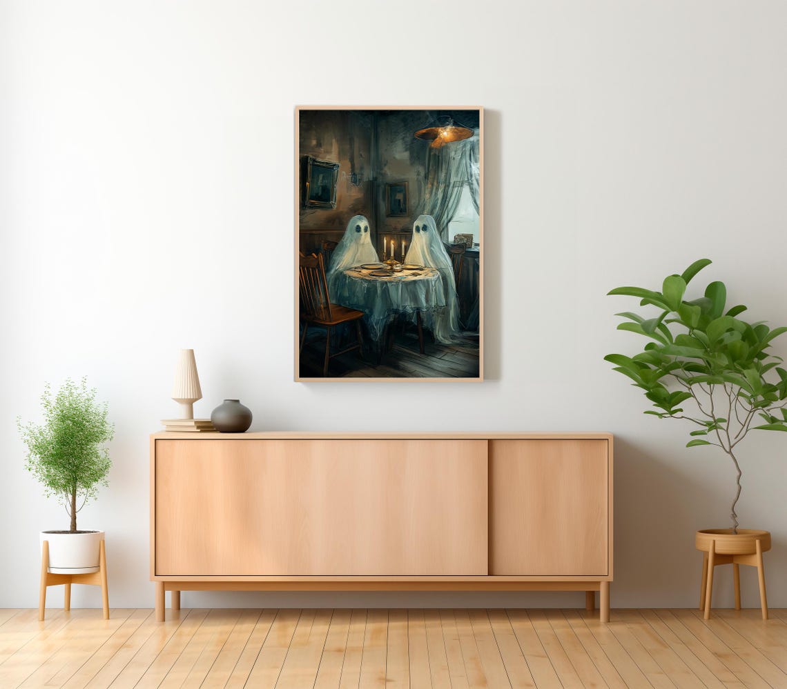 Two Ghosts Sharing Candlelit Dinner In Vintage Dining Room Poster - Image 2