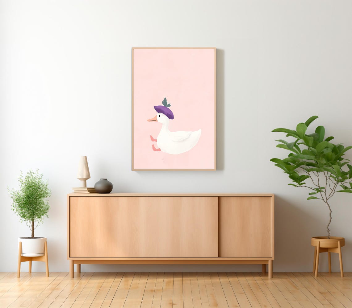 Cute Duck Wearing a Purple Hat Running on Pink Nursery Poster - Image 2