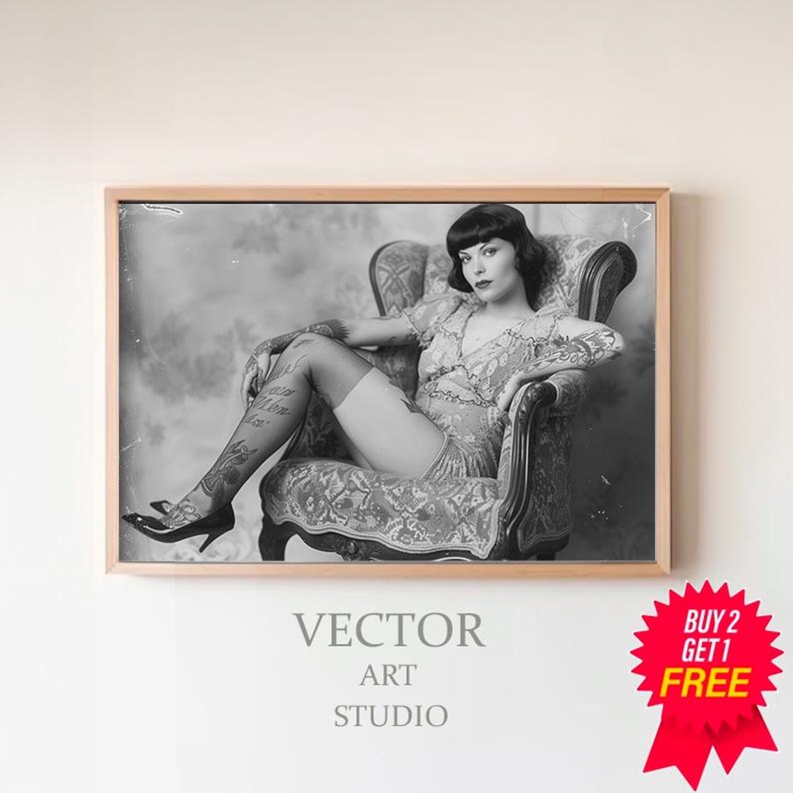 Tattooed Vintage Woman in Armchair Black and White Photo Poster