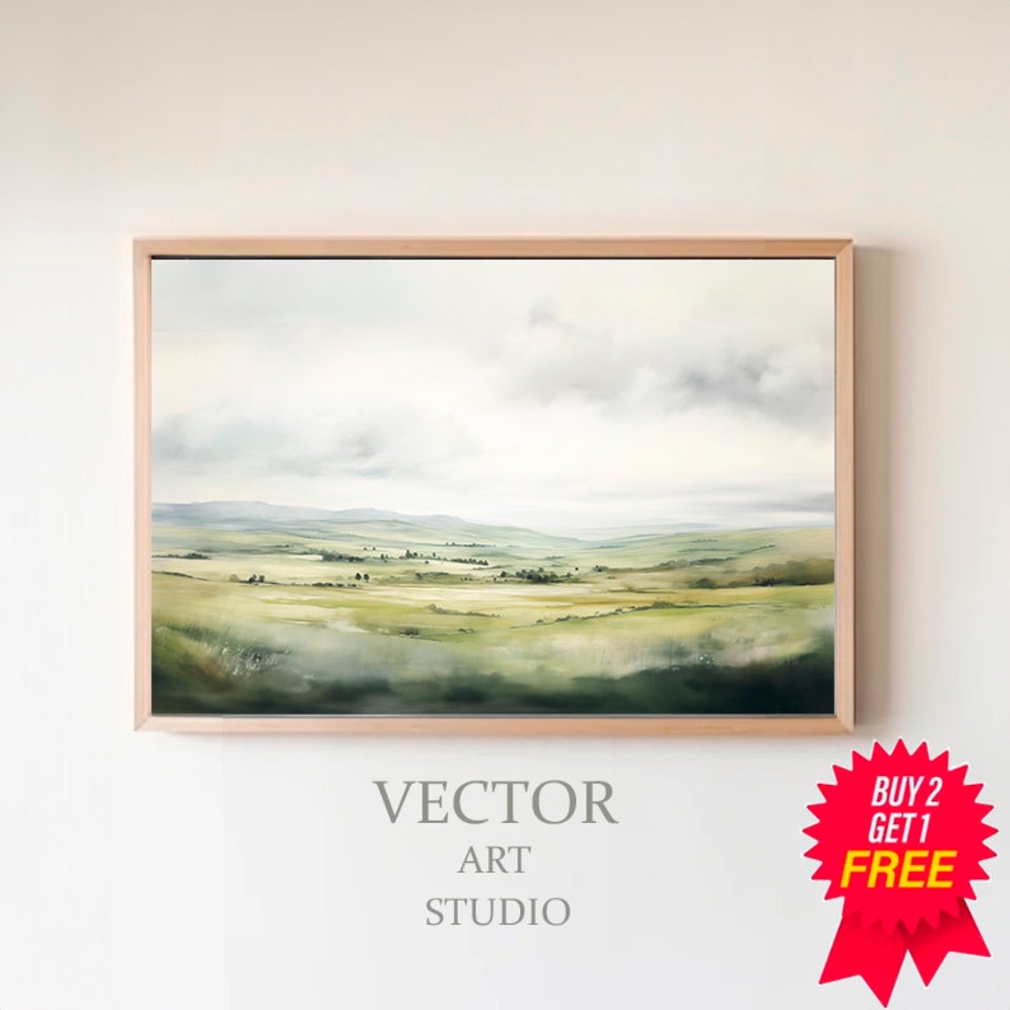Misty Green Valley Soft Abstract Countryside Landscape Poster