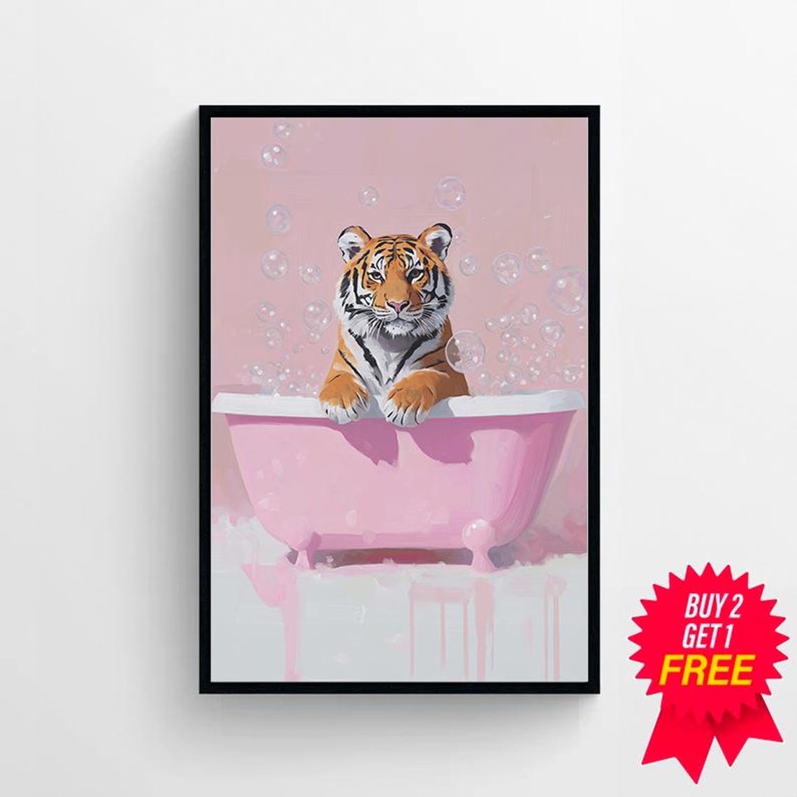 Tiger Cub Taking a Bubble Bath in a Pink Tub Whimsical Art Poster - Image 4