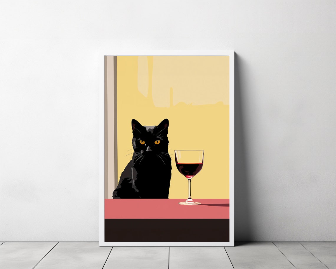 Black Cat Red Wine Glass Minimal Geometric Modern Fun Art Poster - Image 3