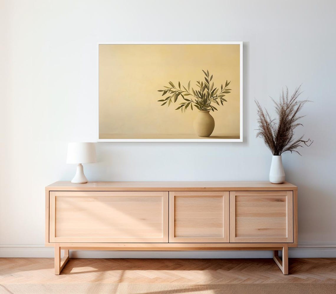 Small Beige Vase With Olive Sprigs In Minimal Neutral Style Poster - Image 2