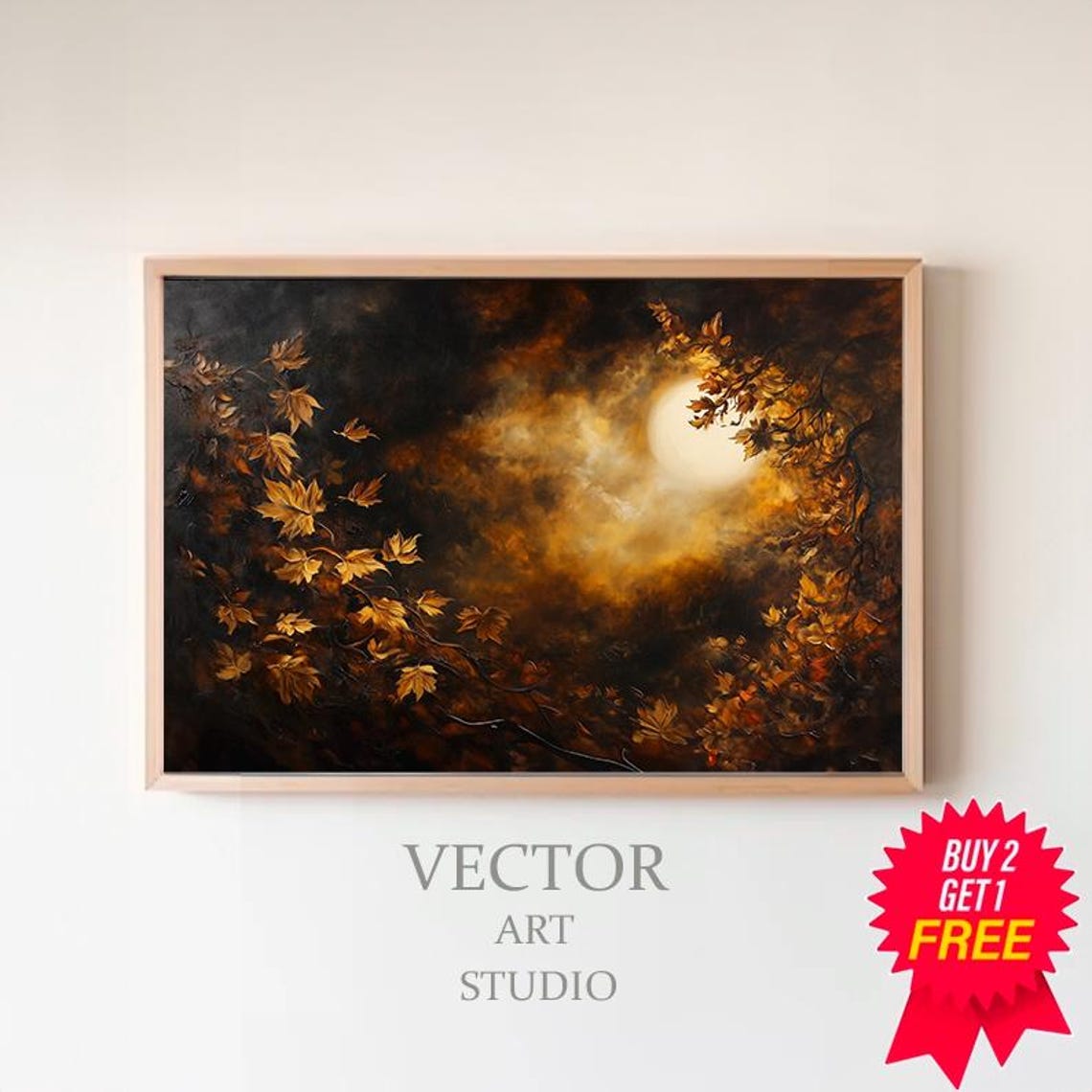 Glowing Golden Moon Behind Autumn Branches Moody Fall Poster