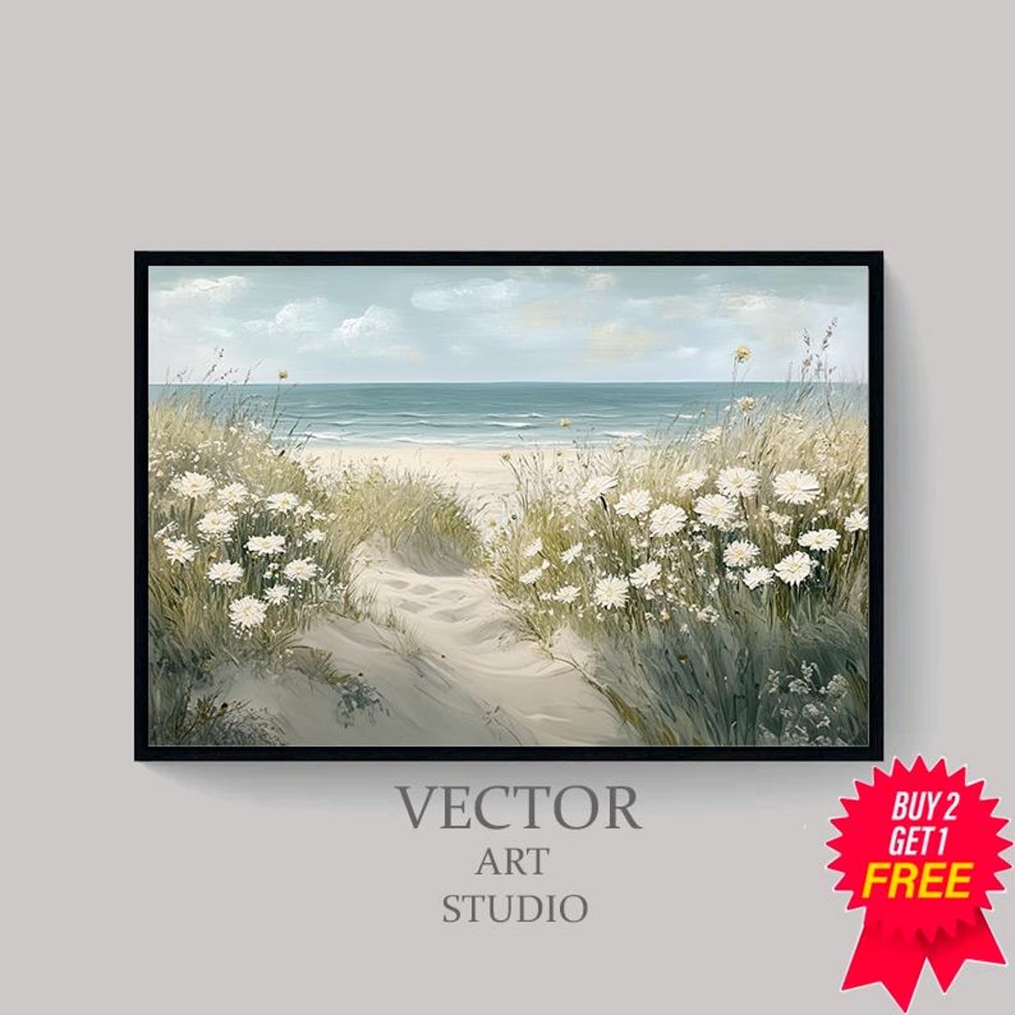 Sandy Beach Path Through White Wildflowers by the Ocean Poster - Image 4