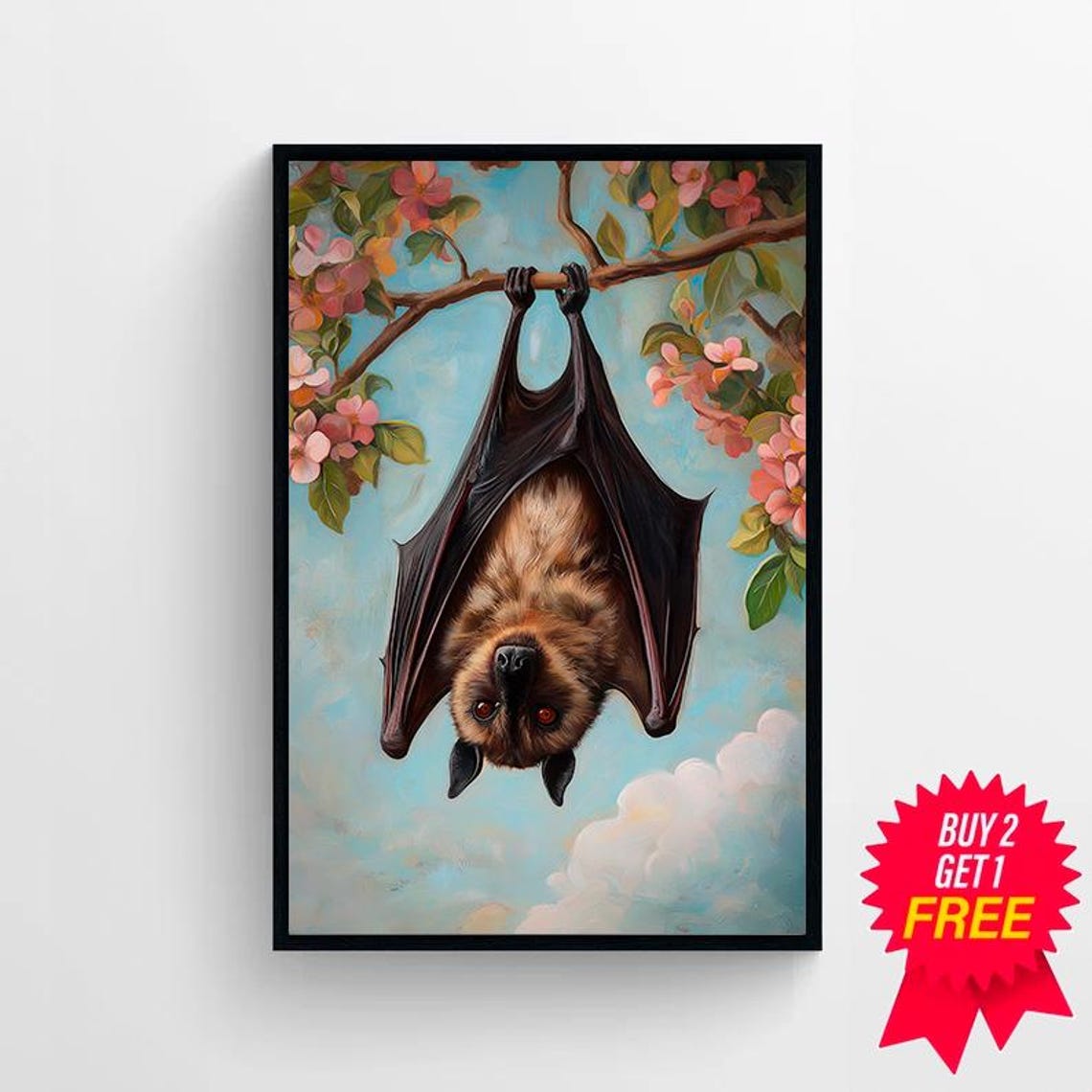 Flying Fox Bat Hanging from a Flowering Branch Painting Poster - Image 4