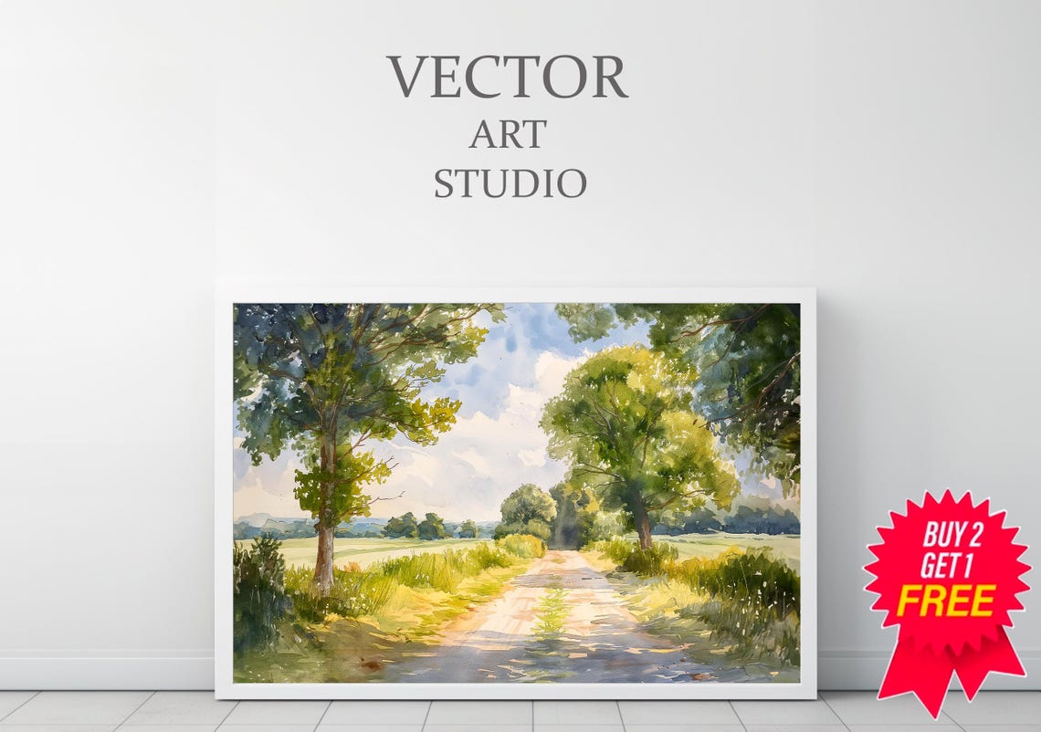 Sunny Countryside Lane Through Green Fields Watercolor Poster - Image 3