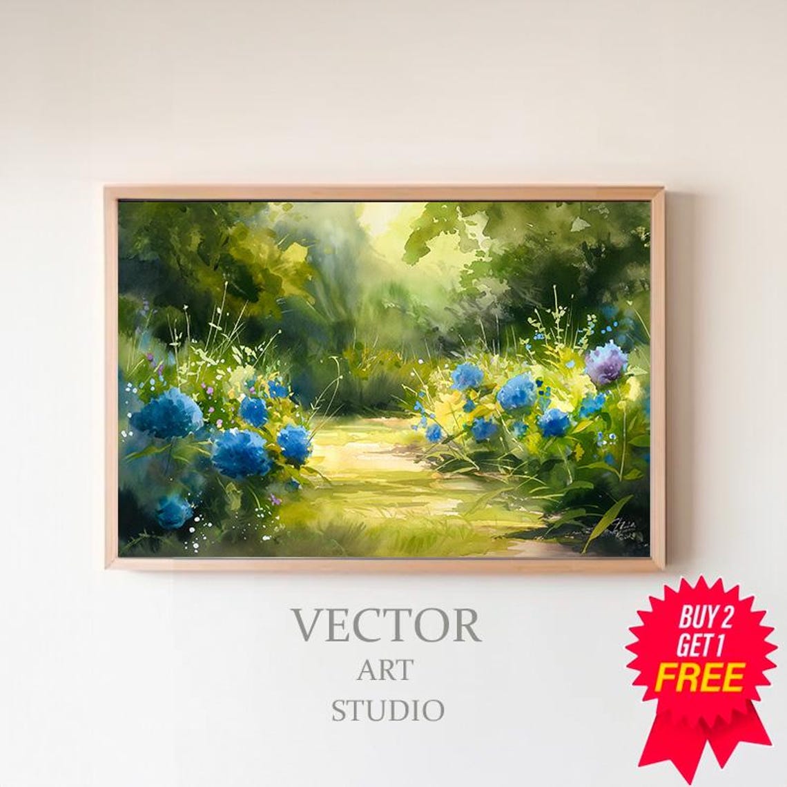 Sunlit Garden Path Watercolor Painting with Blue Wildflowers Poster