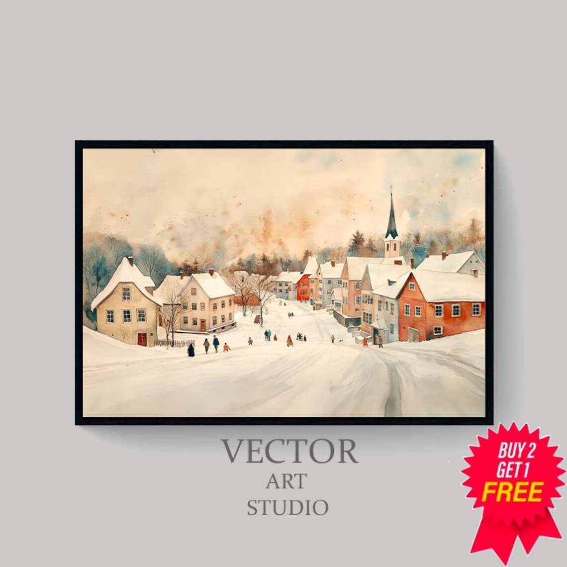 Snowy Winter Village With Church Watercolor Christmas Scene Poster - Image 4