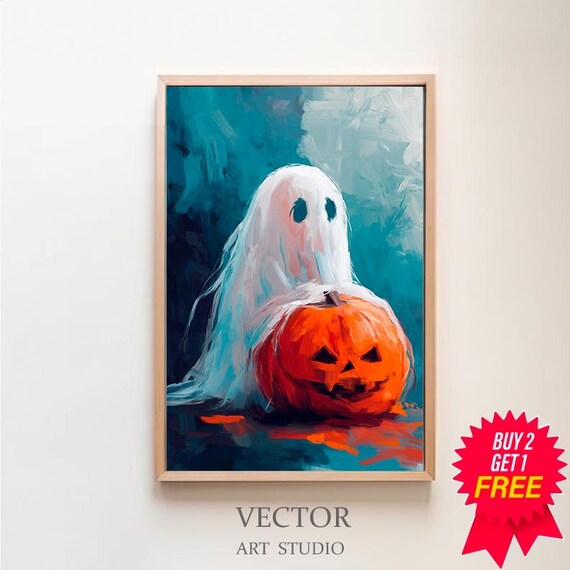 Cute Sheet Ghost Hugging a Jack-o-Lantern Halloween Teal Art Poster