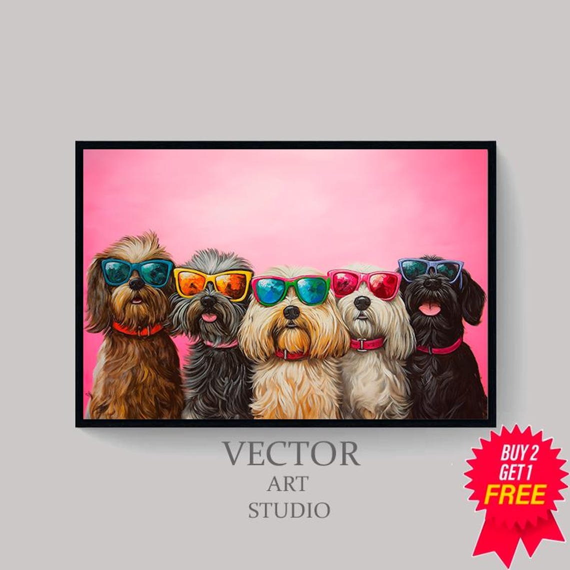 Dopamine Summer Frame Tv Art Cute Dogs In Sunglasses Maximalist Oil Painting Bright Pastel Preppy Pink Tv Funny Pet Colorful Picture - Image 4