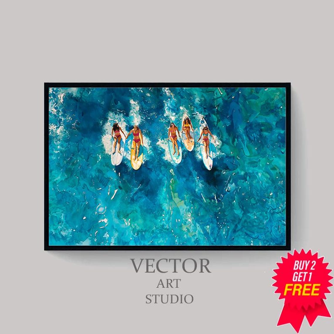 Six Surfers Paddling Together Turquoise Waves Aerial Coastal Poster - Image 4