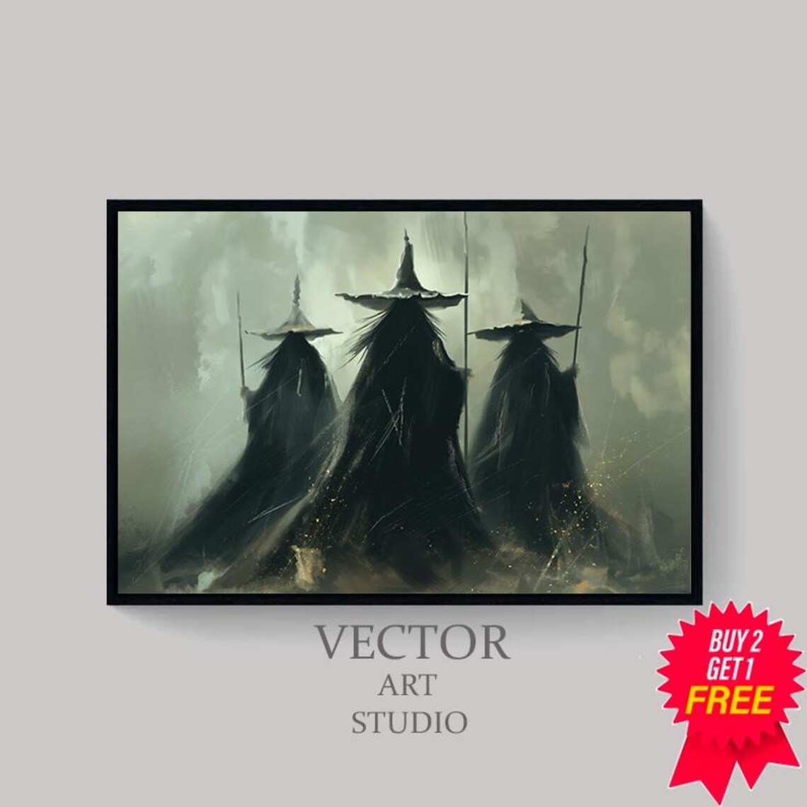 Three Witches in Misty Fog Vintage Halloween Painting Wall Art - Image 4