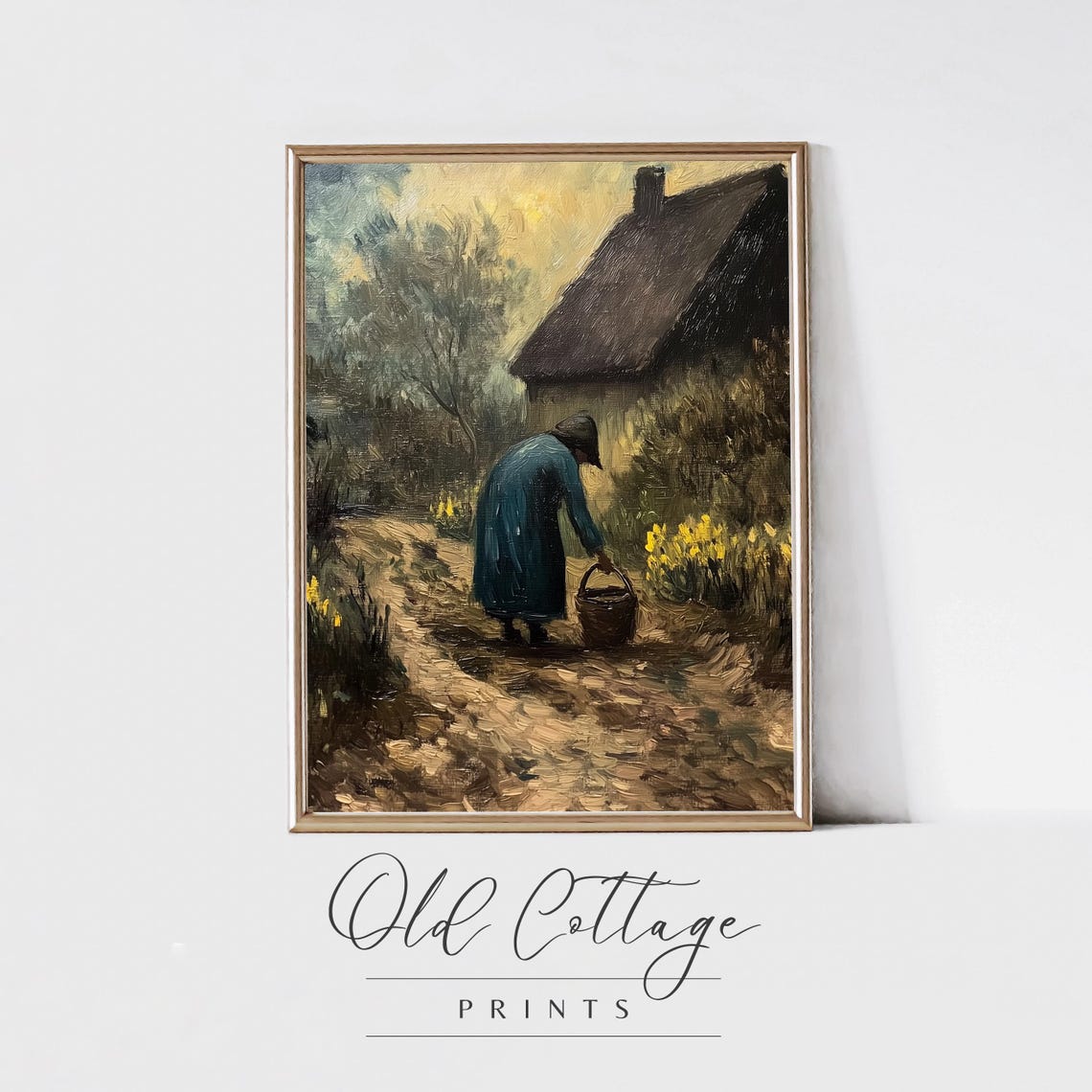 Vintage Rural Woman with Basket Walking to Cottage Garden Poster