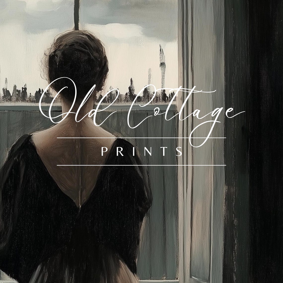Woman Gazing at City Skyline Through Window Moody Interior Art Print - Image 2