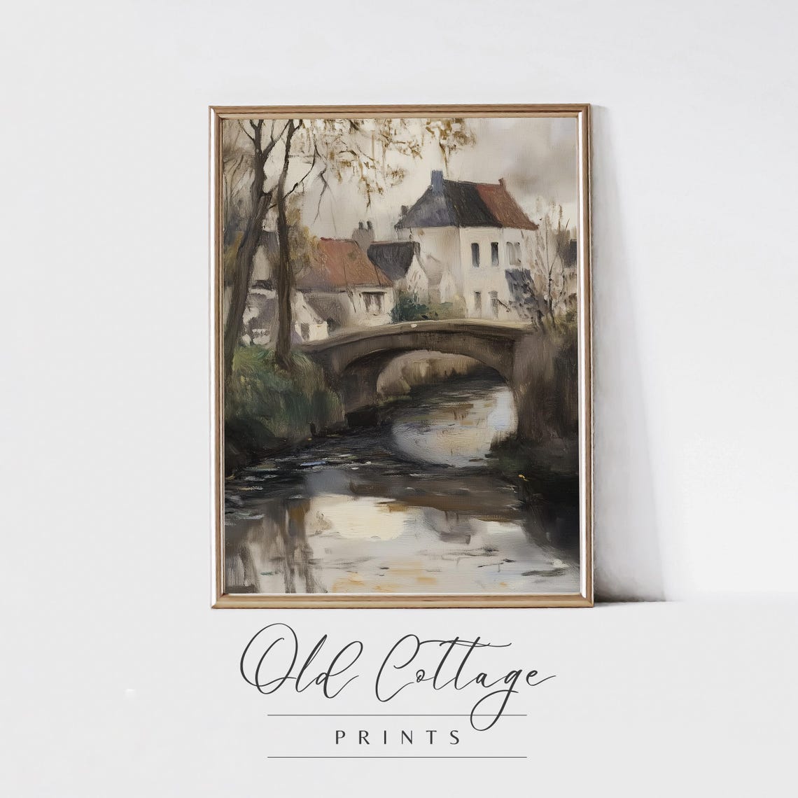 Village Stone Bridge Over River Misty Vintage Scenic Art Print