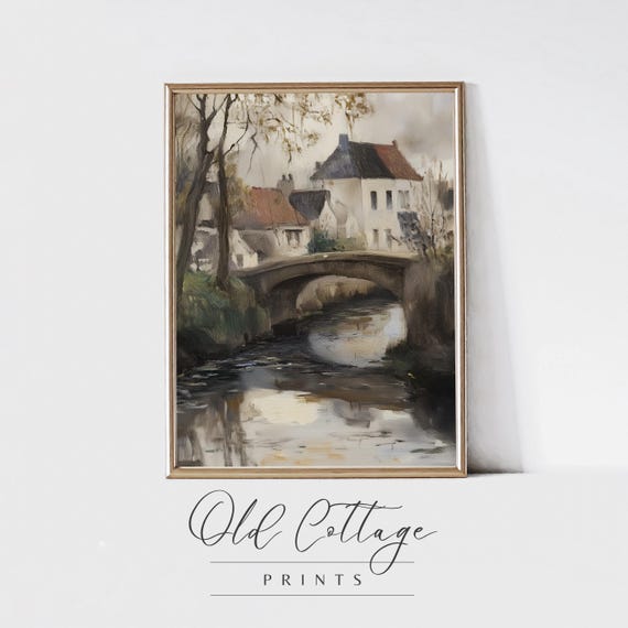 Quiet Crossing Serene Village Bridge Art Reflective River Landscape Cottage Oil Painting Art 0057