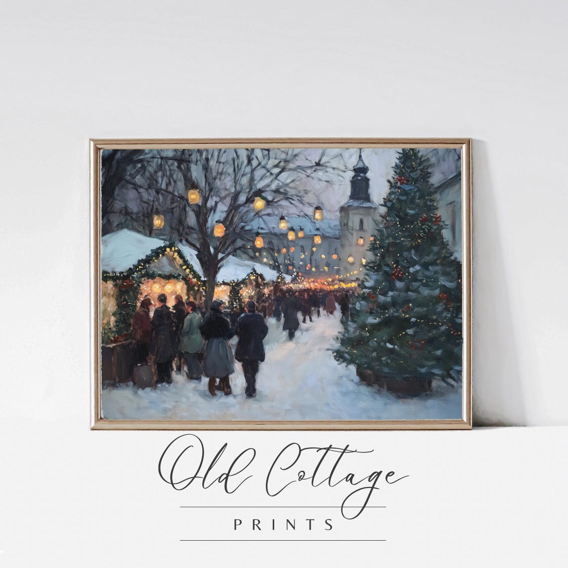 Festive Winter Market Art Snowy Christmas Scene Print Decorated Village And Holiday Lights Art Cozy Seasonal Wall Decor Winter
