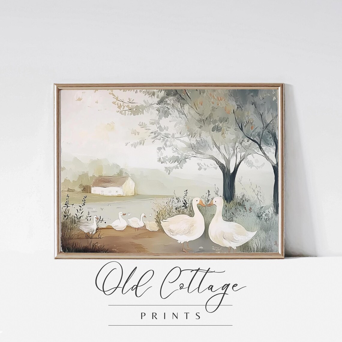 White Geese By The Pond Near An Old Barn Watercolor Scene Poster