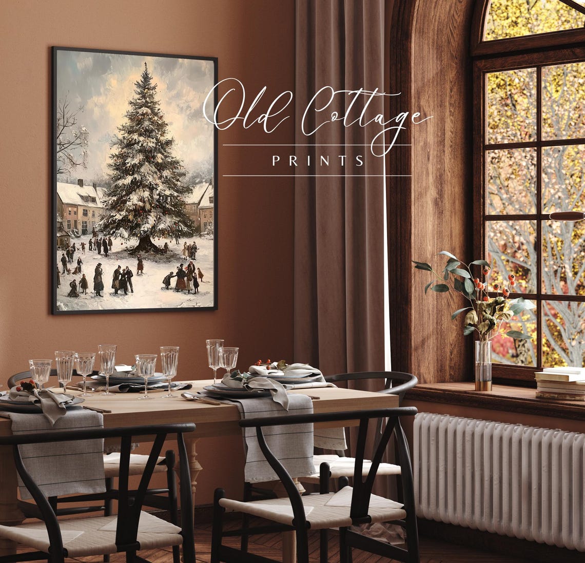 Snowy Village Christmas Tree Festive Vintage Holiday Scene Poster - Image 2