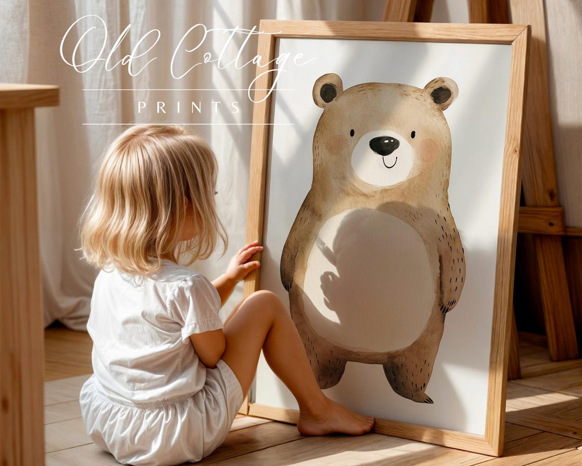 Cute Brown Bear Watercolor Painting For Baby Nursery Room Poster - Image 3