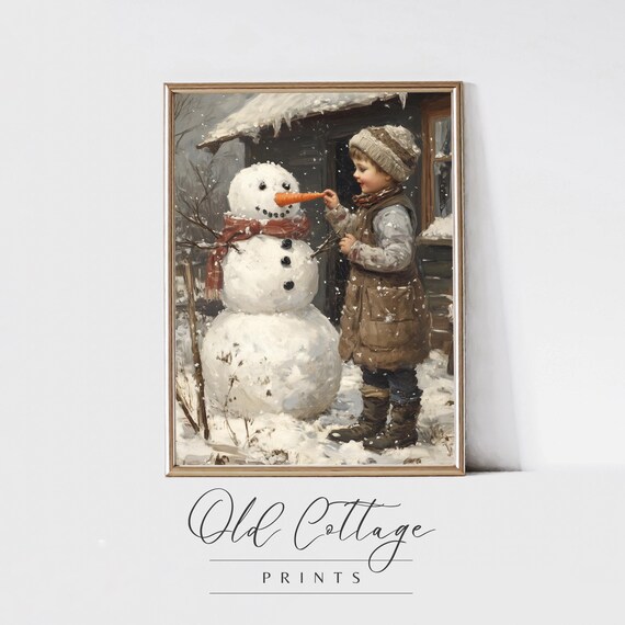 Child Building Snowman Carrot Nose Winter Scene Vintage Painting Poster