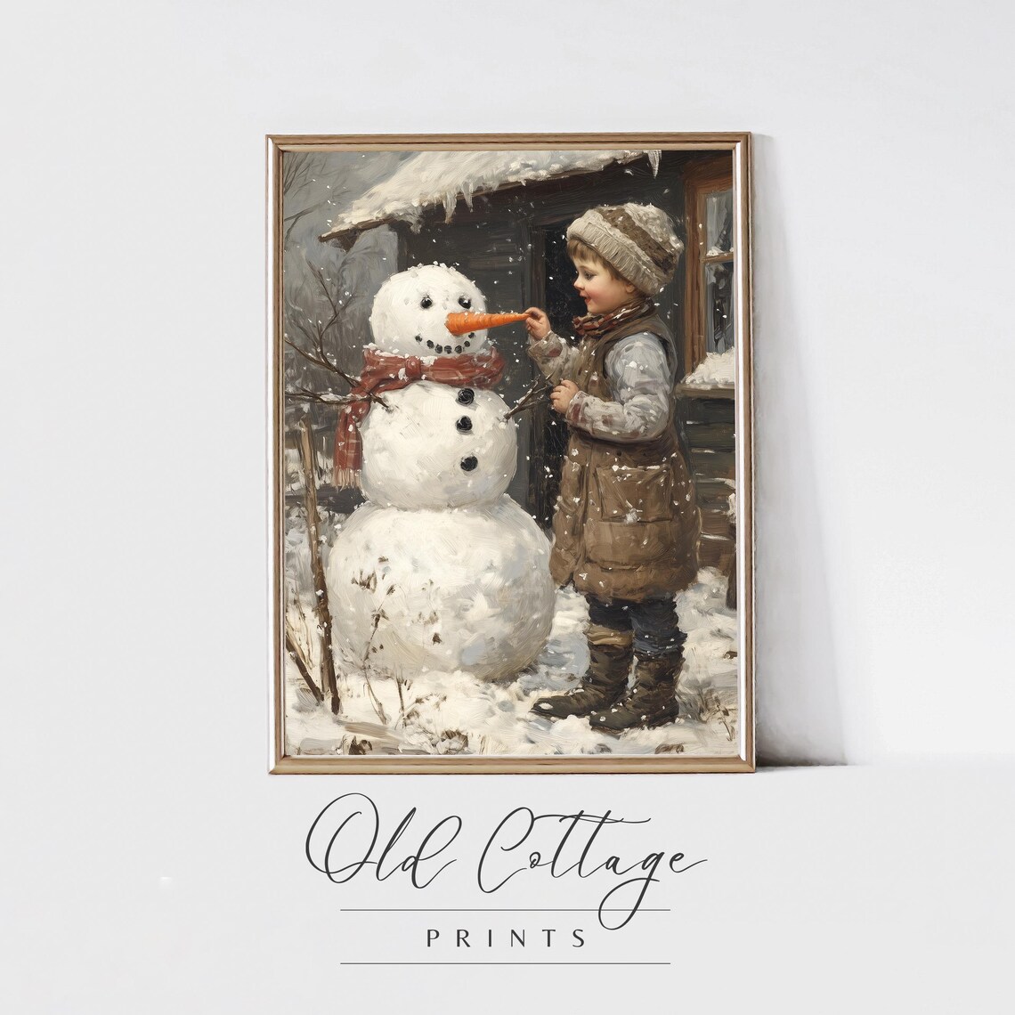Child Building Snowman Carrot Nose Winter Scene Vintage Painting Poster
