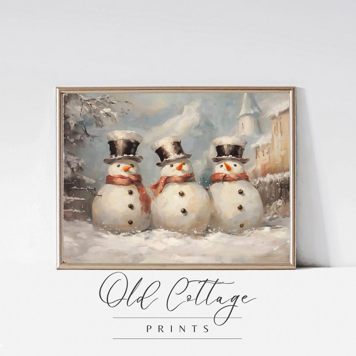 Three Snowmen in Top Hats Charming Vintage Christmas Art Poster