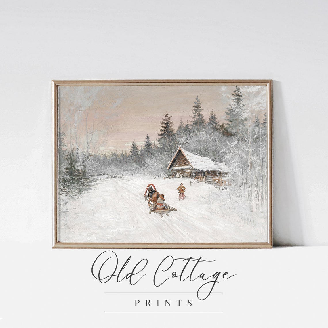 Winter Cabin with Horse Sleigh Snowy Vintage Christmas Art Poster