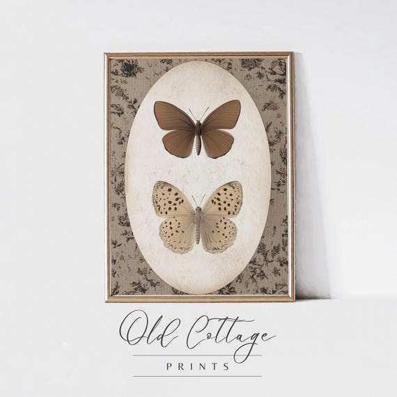 Framed Flight Butterfly Art Brown Cream Butterflies Vintage Oval Floral Frame Cottage Art 0085