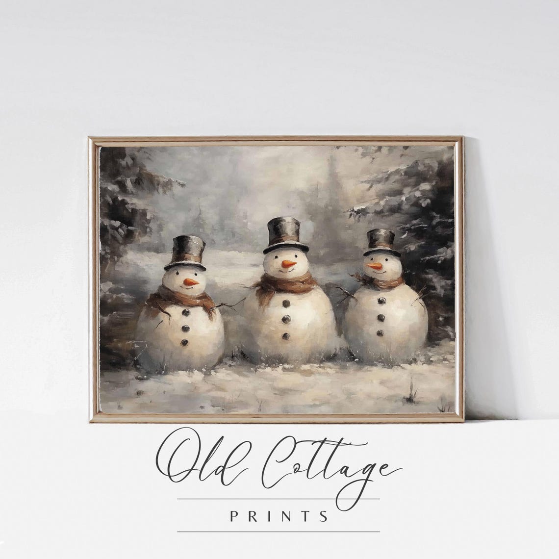 Three Vintage Snowmen in Top Hats Snowy Winter Scene Art Print