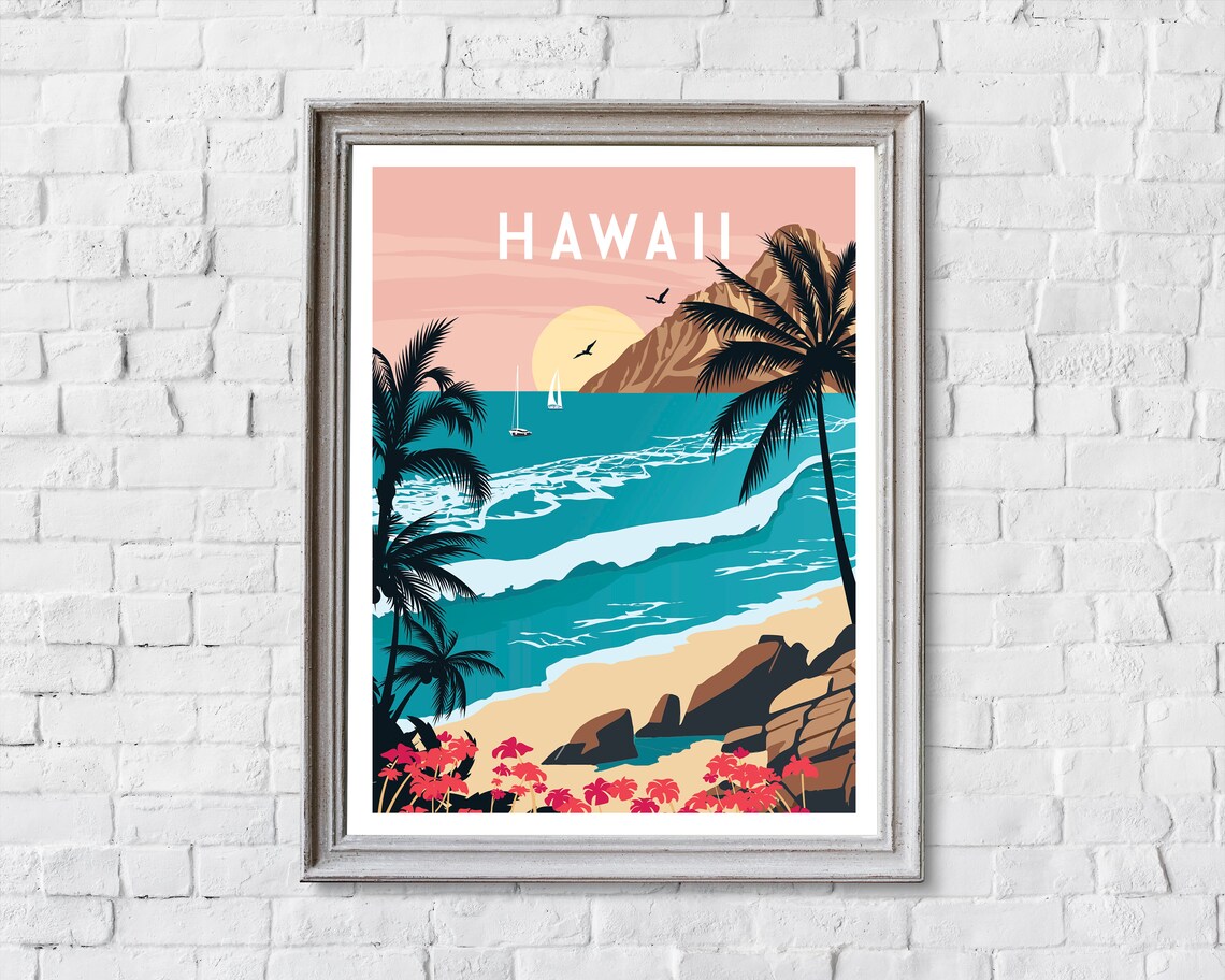 Retro Hawaii Travel Poster, USA Travel Room Art - Image 2