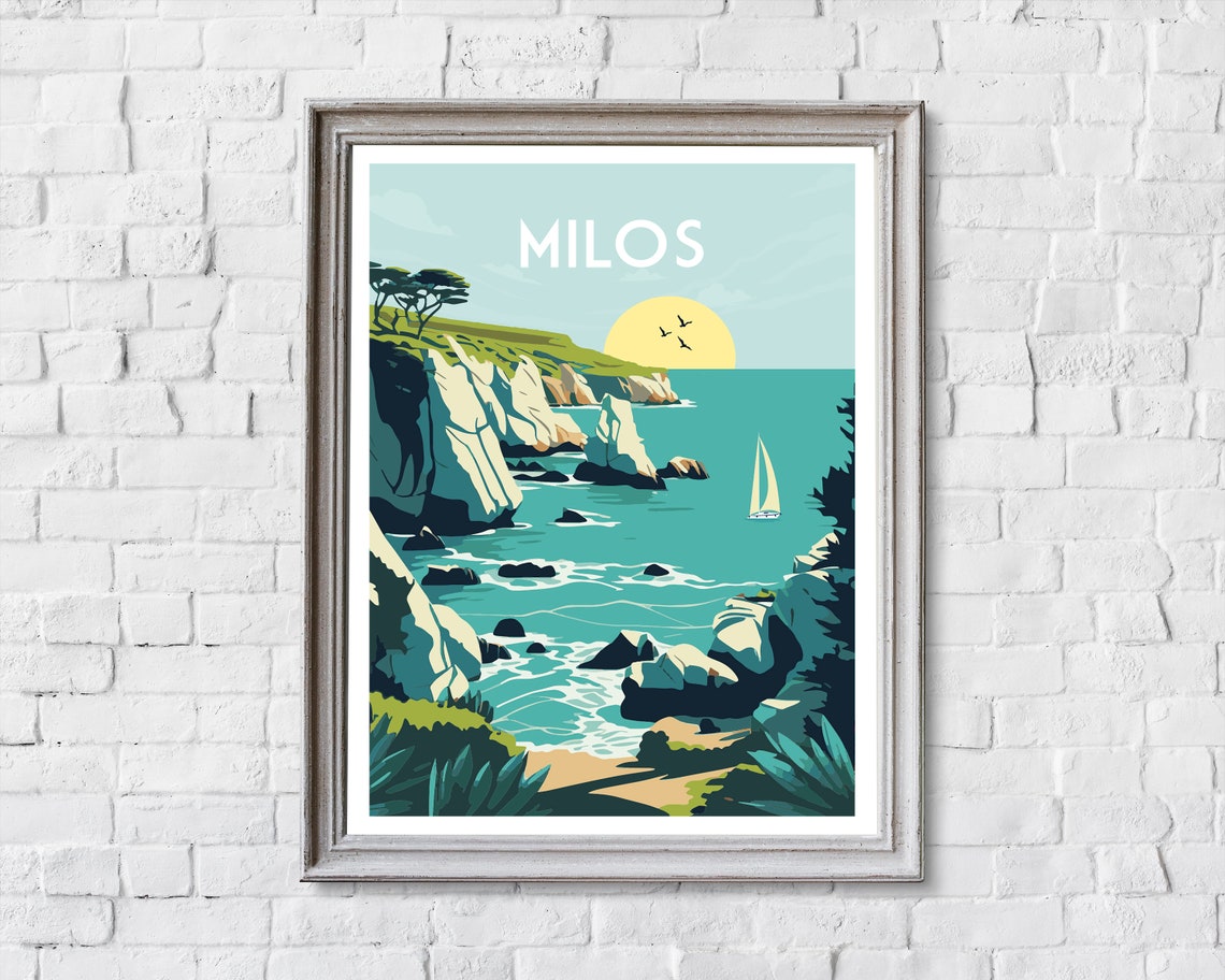 Milos Greece Dramatic White Cliffs Aegean Sailboat Travel Poster - Image 2