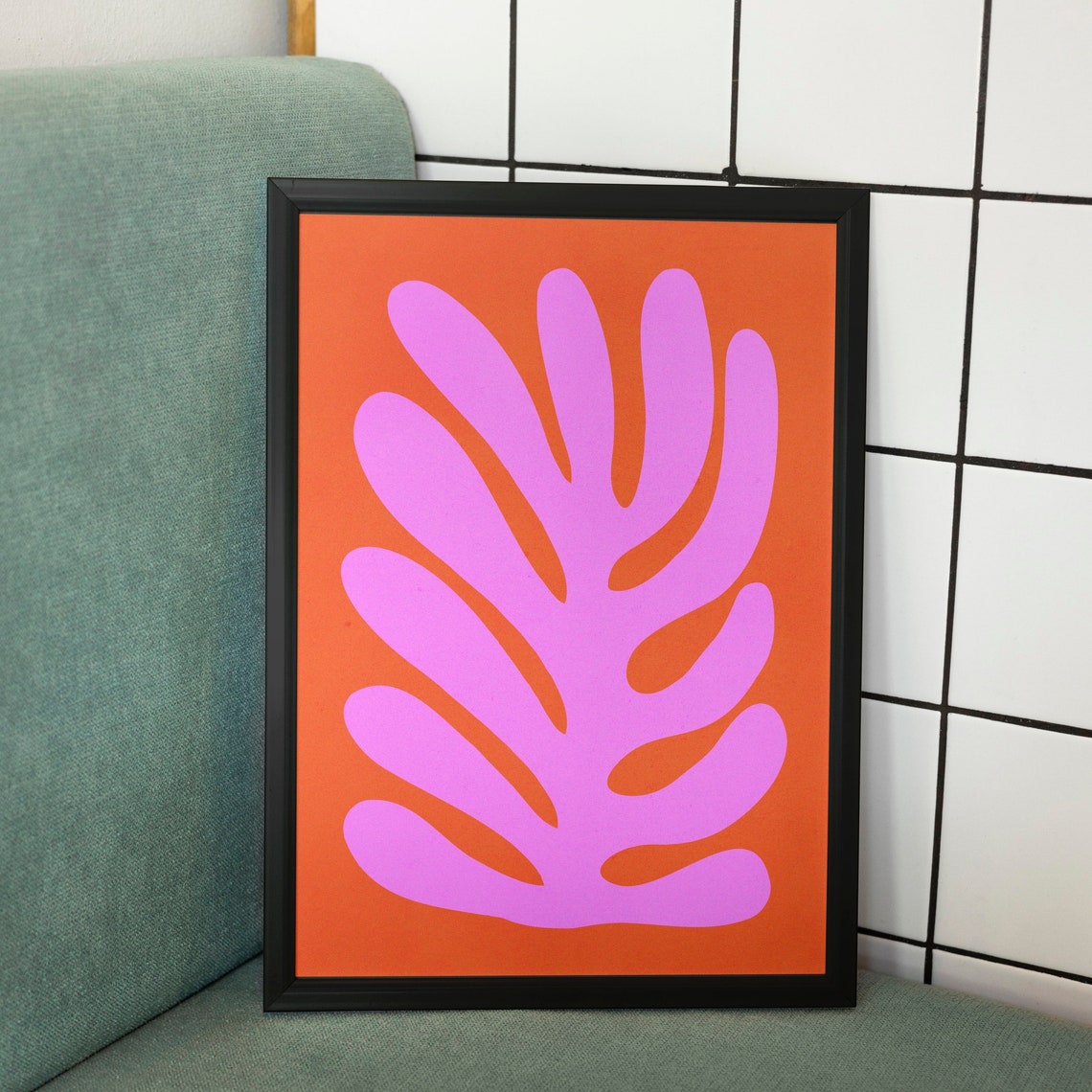 Pink Leaf Abstract Paper Cutout on Burnt Orange Modern Art Print - Image 3
