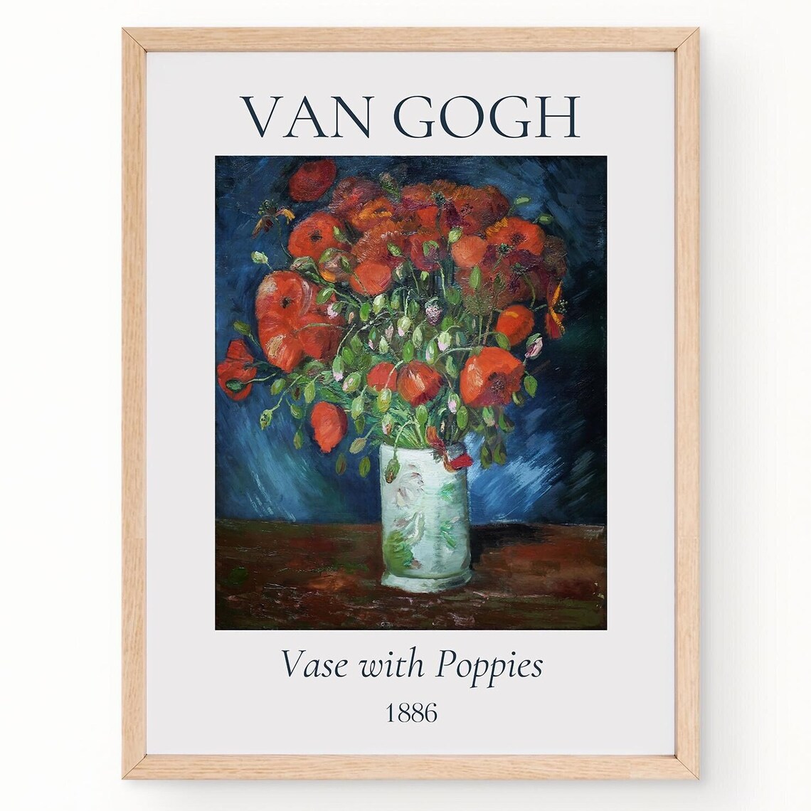 Van Gogh Vase with Poppies 1886 Red Flowers Blue Background Poster