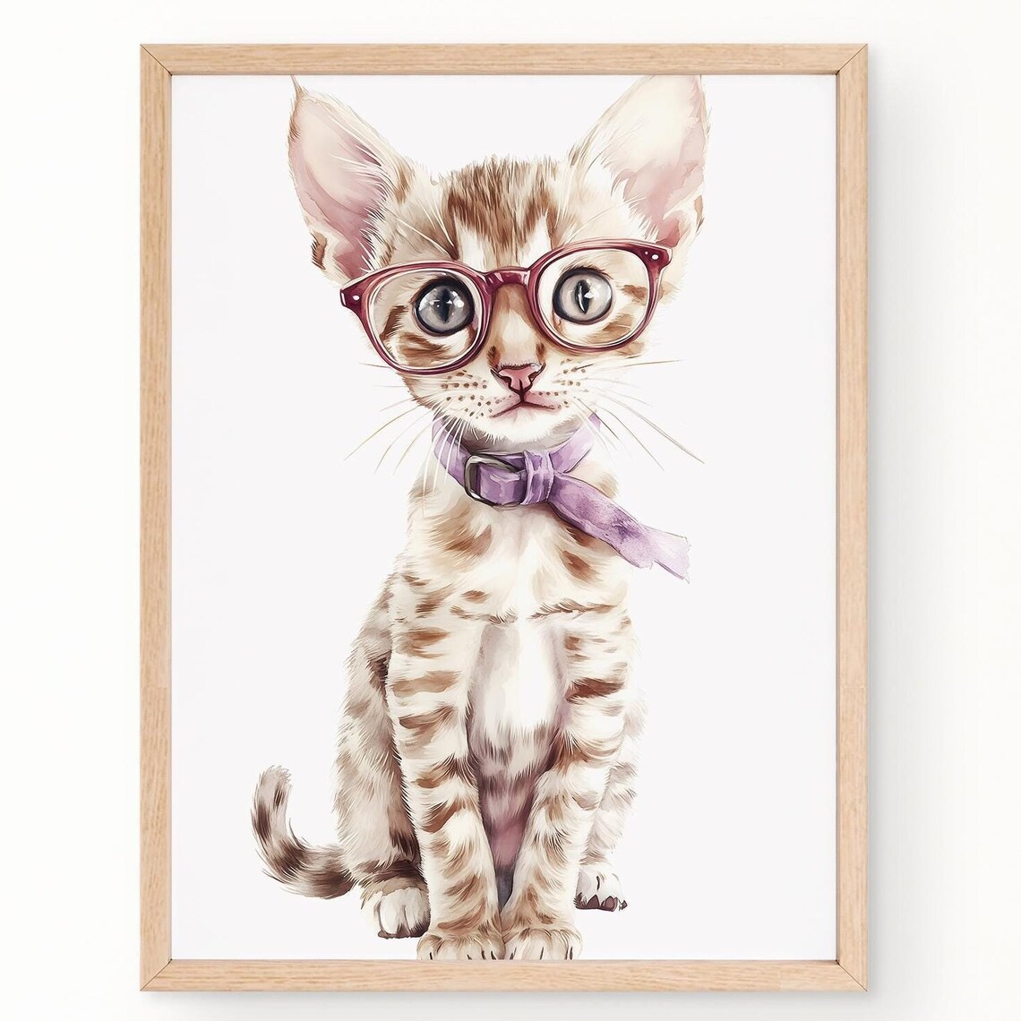 Watercolor Kitten Wearing Glasses Purple Bow Cute Cat Portrait Poster