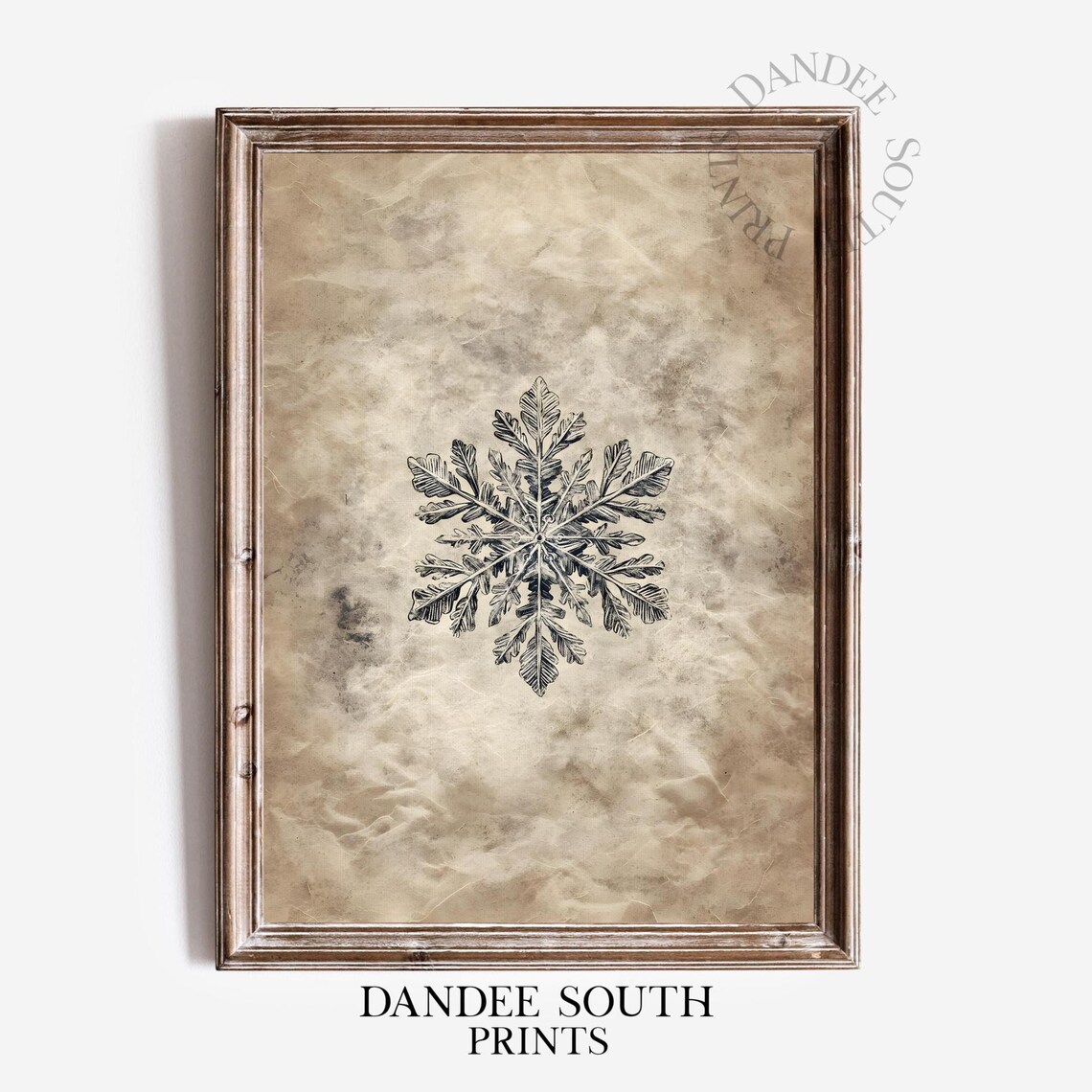 Vintage Snowflake Engraving on Aged Parchment Neutral Christmas Wall Art