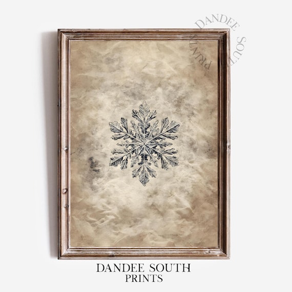 Vintage Snowflake Engraving on Aged Parchment Neutral Christmas Wall Art