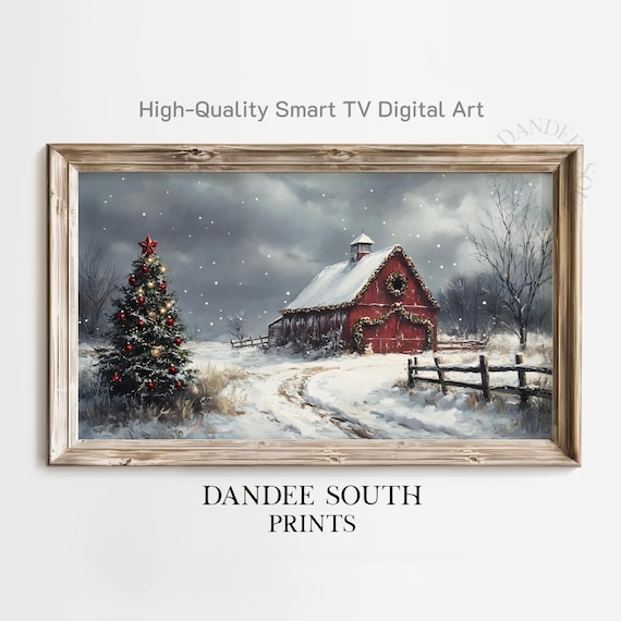Christmas Red Barn Snowy Farm Winter Holiday Scene With Tree Wall Art