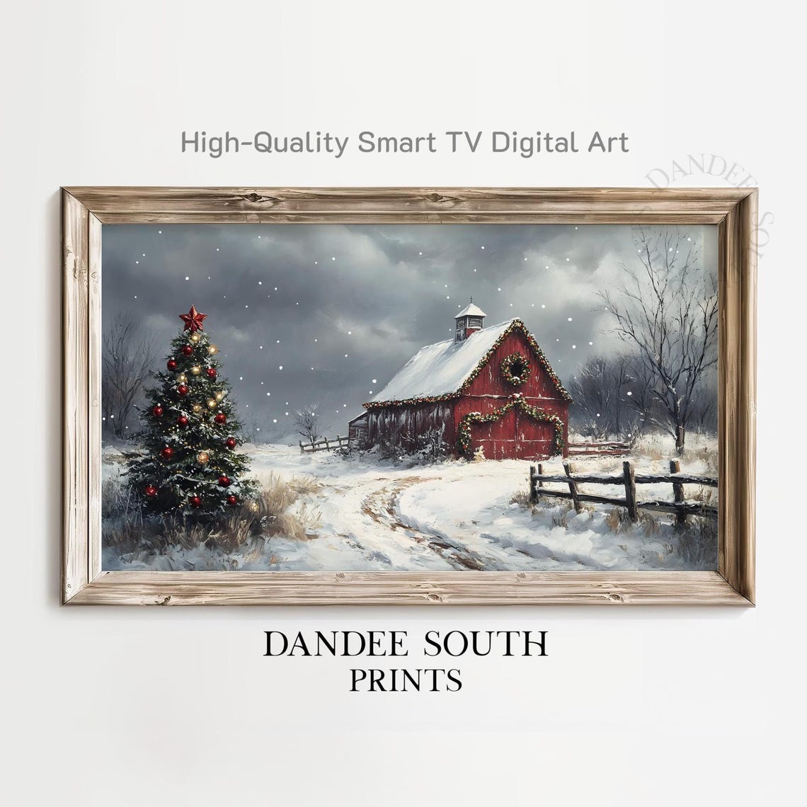 Christmas Red Barn Snowy Farm Winter Holiday Scene With Tree Wall Art
