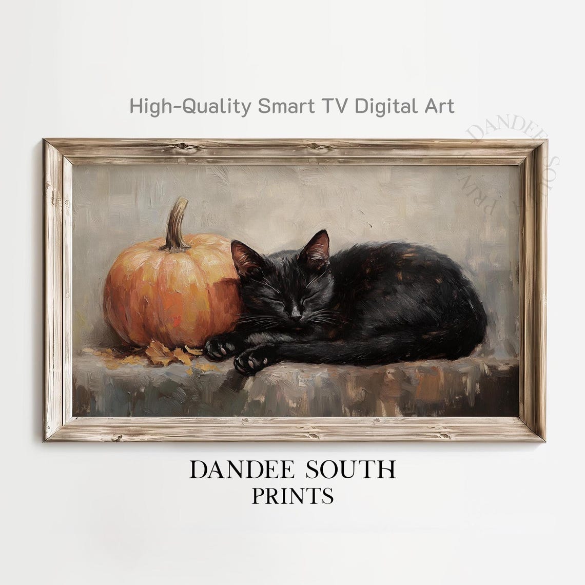 Sleeping Black Cat with Pumpkin Fall Oil Painting Style Art Print
